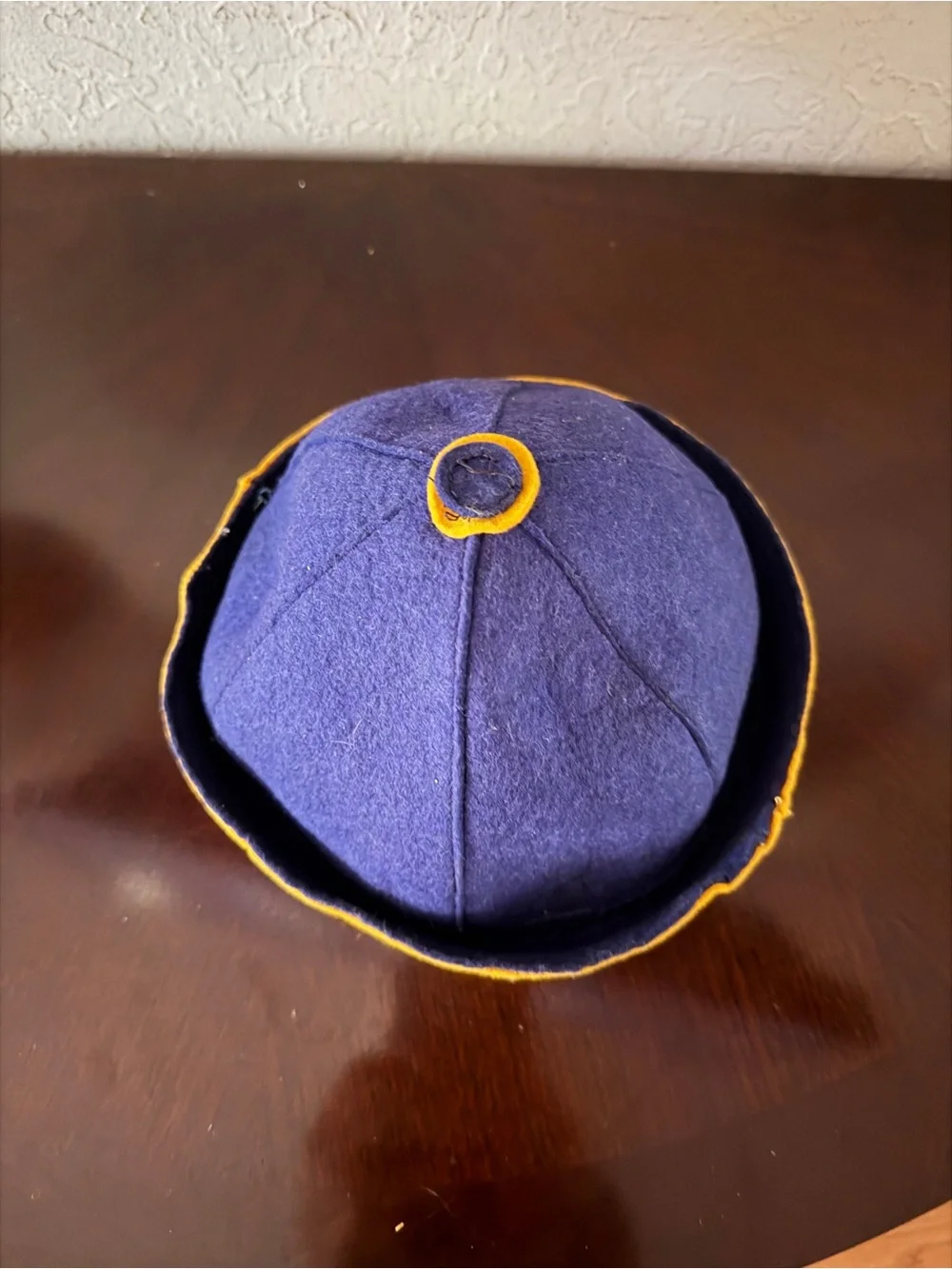 Vintage Collegiate Dink Beanie Cap Navy Blue Mustard Yellow Wool Felt Small